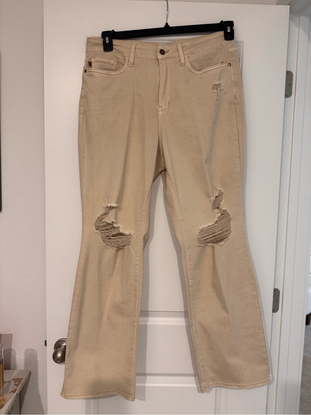Judy Blue Beige Distressed Flare Jeans